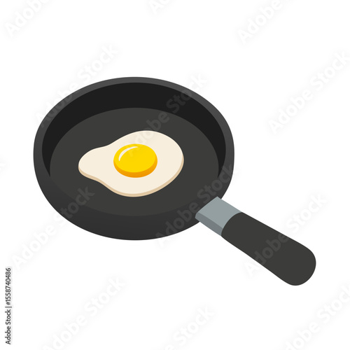 Fried egg cooking in a black frying pan isolated on transparent background