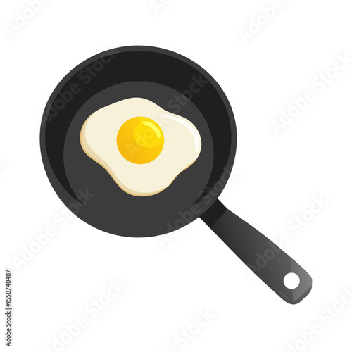 Cartoon fried egg cooking in a black frying pan isolated on transparent background