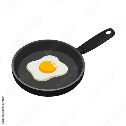 Fried egg cooking in a black frying pan isolated on transparent background