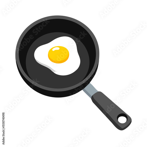 Fried egg cooking in a black frying pan isolated on transparent background