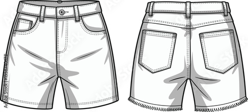 Denim Shorts Top View Vector CAD Drawing for Fashion Flat Sketch Mockup