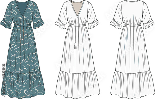 Women’s boho maxi dress fashion flat sketch, flutter sleeves, drawstring waist, tiered hem, cloud print summer dress illustration vector

 flat vector illustration