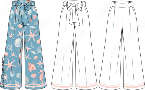 Women's beach print wide leg pants, high waist summer trousers with tie belt, sea shell starfish pattern, front and back view

 flat vector illustration