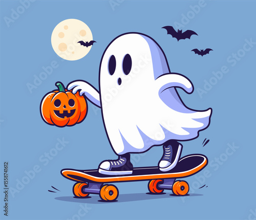 Ghost cartoon character. Happy Halloween greeting card with a ghost. Ghosted spirit. Holidays cute ghost. Spooky phantom. Cute little Halloween ghost. Skater ghost. Ghost on skateboard. Skateboarder