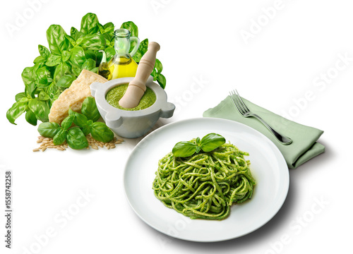 Genoese pesto sauce with mortar and ingredients and plate of linguine