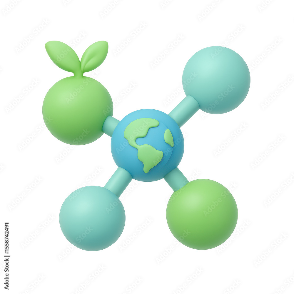 Obraz premium Global Connection and Conservation: A vibrant 3D render showcases a central globe interconnected with budding plant elements, signifying ecological balance and global conservation.