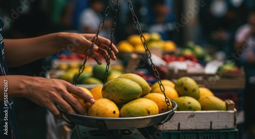 Hands selecting mangoes at outdoor market
