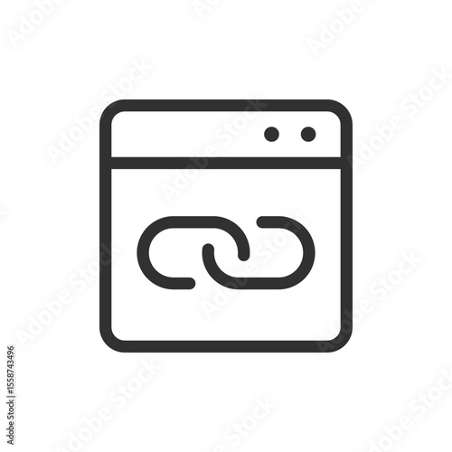 Browser window with chain link, linear icon. Web link or connected webpage. Line with editable stroke.