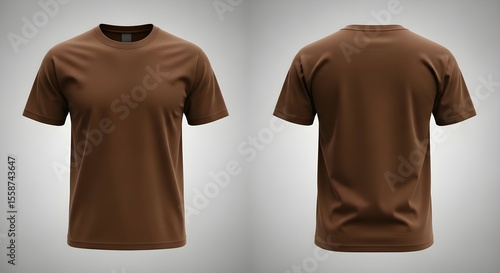 Front and back view of a brown t-shirt displayed against a gradient background, showcasing the garment's design and fit.