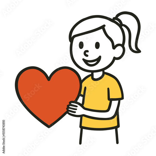 Smiling Girl with Large Red Heart. Cute Kids, Valentine Concept, Simple Hand-Drawn Love Vector Illustration