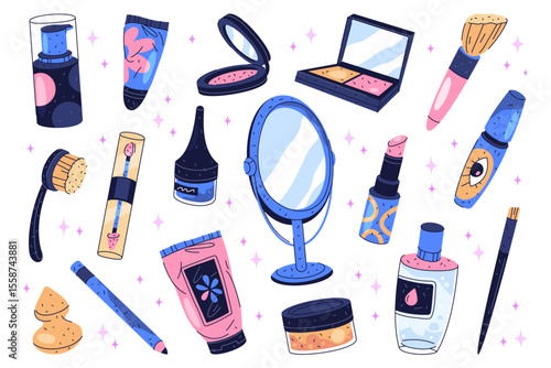 Set of cosmetic and makeup icon. Vector visage or face professional accessory for woman fashion. Beauty and facial skincare kit item. Lipstick and eyeliner, mascara, powder, mirror, bronzer, lipstick.