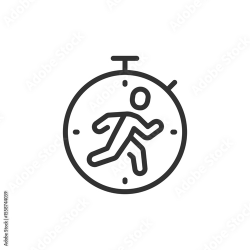Running person inside stopwatch, linear icon. Urgency and time challenge. Line with editable stroke.