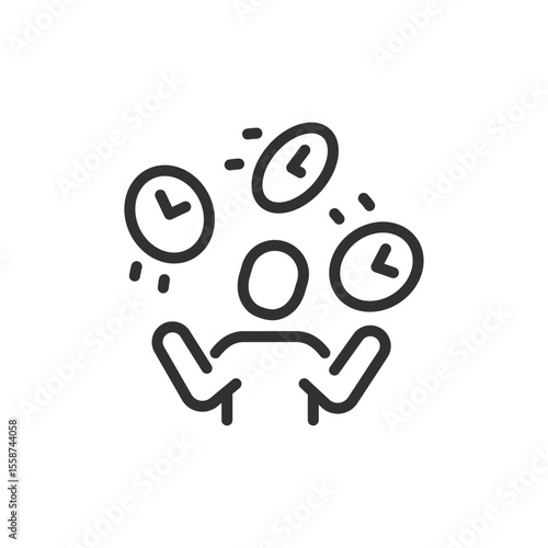 Person juggling clocks, linear icon. Multitasking and time pressure. Line with editable stroke.