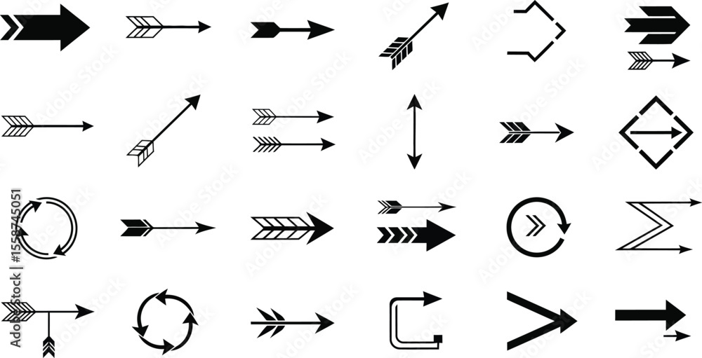 Collection of various arrow designs in black and white showing different styles and directions Collection of various arrow designs in black and white showing different styles and directions