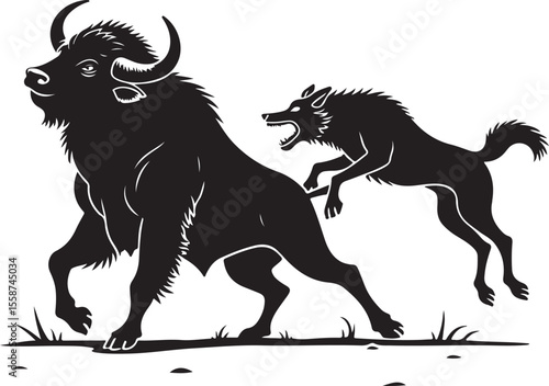 Buffalo is defending against a dog. Jumping set animal vector silhouette, black and white. 