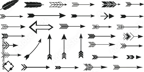 Illustration of various black arrow designs and feather icons on a white background image vector