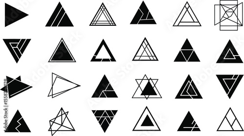 A collection of twenty four unique triangle designs arranged in a rectangular grid pattern on white