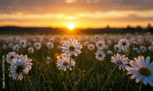 A field of white daisies bathed in the golden light of a sunset