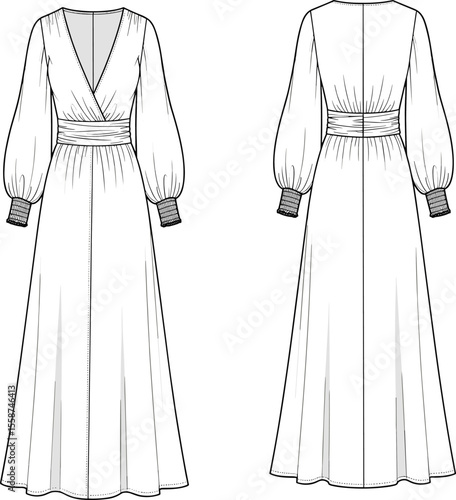 Women's Fashion Flat Sketch Elegant V-Neck Wrap Maxi Dress, Long Balloon Sleeves with Smocked Cuffs, Ruched Waistline, Front and Back Views, Technical Drawing Apparel Illustration, Bohemian Chic