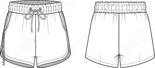 Stylish unisex shorts illustration, front and back views, elastic waistband, drawstring detail, pocket design, casual summer wear, relaxed fit, high-quality vector design