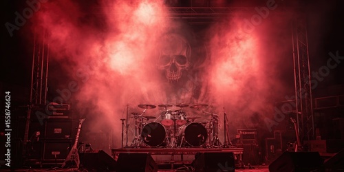 Dark red lighting death metal concert stage with dense smoke and drum set, empty with guitars and skull backdrop