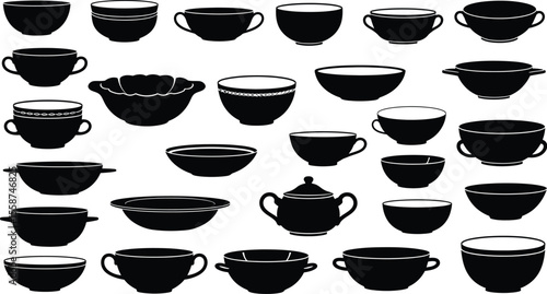 A collection of various black and white bowls cups and a sugar bowl in a seamless pattern design