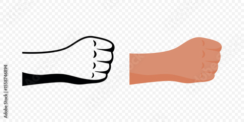 Fist Vector Illustration. Punch Hand Gesture Icon Set. Cartoon and Silhouette Strong Fist, Power Symbol, Protest Gesture, Strength, Fight Concept Design Element, Raised Hand Sign
