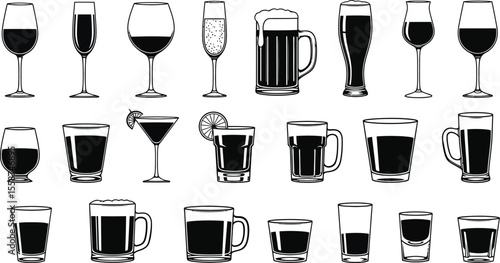 Illustration of various types of drinkware including wine glasses beer mugs and cocktail glasses in black and white