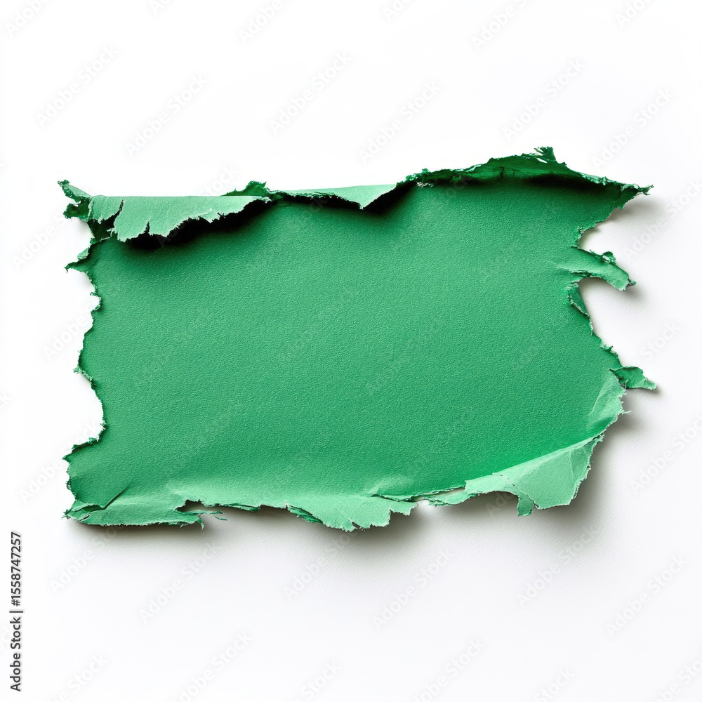 Fototapeta premium Green torn paper texture isolated white background with rough edges