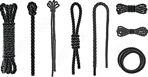 Illustration of various types of black ropes with different knots and shapes on a white background