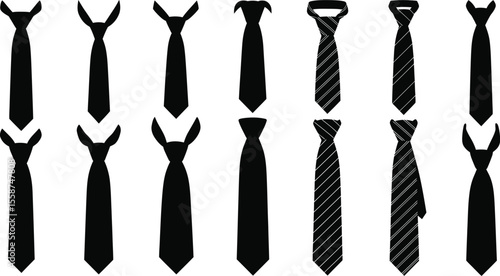 A collection of twelve black ties in various styles arranged in two rows on a white background