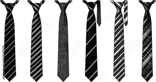 A monochrome image showcasing six ties with varying patterns and designs arranged in a neat row