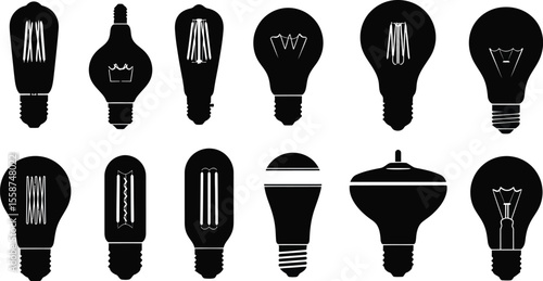 A collection of twelve black and white light bulb silhouettes in various shapes and designs displayed