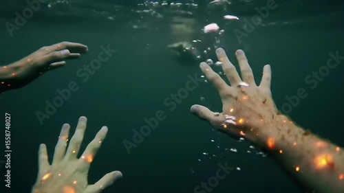 Underwater view of hands reaching, with figure submerged, bubbles rising, ethereal glowing spots on arms in green tinted water