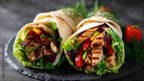 Delicious Grilled Chicken Wraps with Fresh Vegetables and Herbs on Slate, Healthy Gourmet Street Food Lunch, Colorful and Appetizing Mediterranean Style, Perfect for Diet and Nutritional Meal Planning