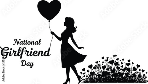 Silhouette of woman with heart balloon for national girlfriend day celebration illustration vector design