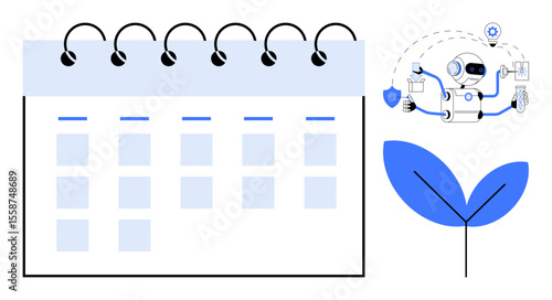 Spiral-bound calendar with marked dates, robot handling tasks with icons, and growing leaf. Ideal for planning, AI technology, sustainability, time management, growth, innovation simple flat