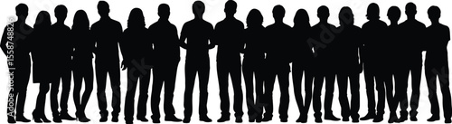 Silhouette of a large group of people standing together against a white background in a long line