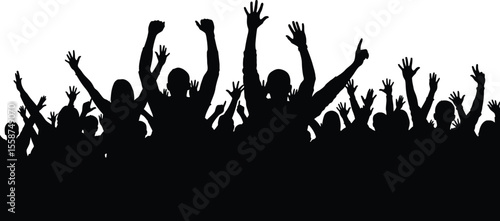 A silhouette crowd of people with their hands raised in the air against a white background space above them