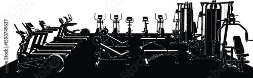 A black and white illustration of a gym with treadmills and weight machines in silhouette style art