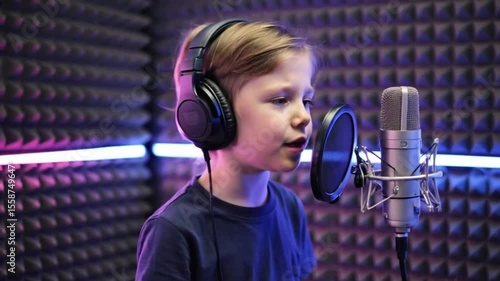 Young boy singing into microphone with headphones in recording studio  