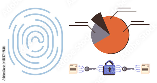 Fingerprint scan, pie chart, and locked data exchange represent security, data analysis, and encryption. Ideal for cybersecurity, privacy, analytics, data sharing biometrics protection and secure