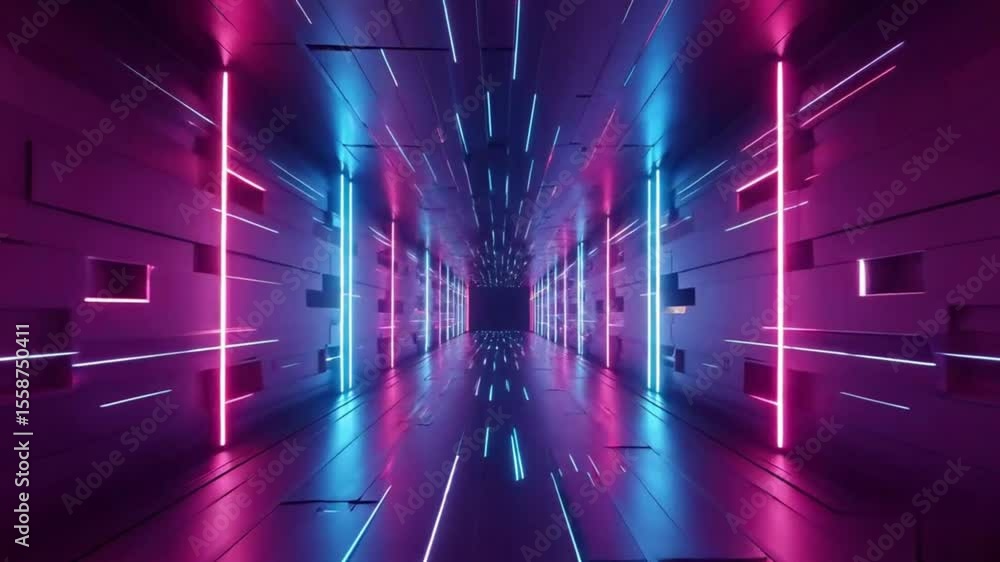 Futuristic neon tunnel with dynamic purple blue light, creating a sci-fi cyberpunk effect. Perfect visual for tech background, EDM music, or future digital concept. Futuristic neon tunnel with dynamic purple blue light, creating a sci-fi cyberpunk effect. Perfect visual for tech background, EDM music, or future digital concept.