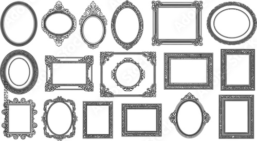 A collection of decorative frames in various shapes and sizes, arranged in a grid pattern design