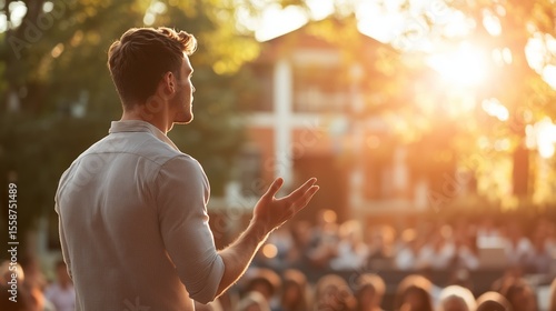 Fototapeta Naklejka Na Ścianę i Meble -  Public speaker engaging audience during sunset at an outdoor event in a park setting