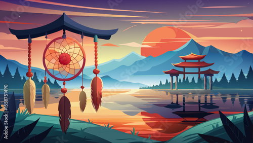 A handmade dreamcatcher hangs in front of a sunrise-lit tipi, feathers swaying in morning breeze. Far east, a vermilion Shinto Torii gate rises from still waters, mirrored perfectly in the lake below,