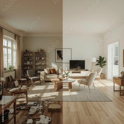 Before & After: A modern living room transformation.  Neutral tones and natural light create a calm and inviting atmosphere.