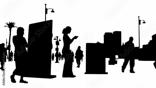 Silhouette of people walking on a city street with buildings and streetlights in the background scene view