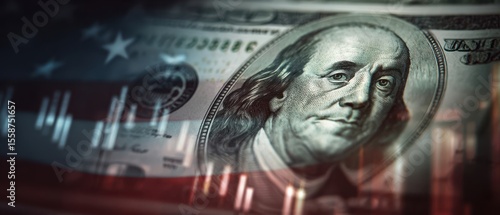 The American dollar bill featuring Benjamin Franklin on a financial background.