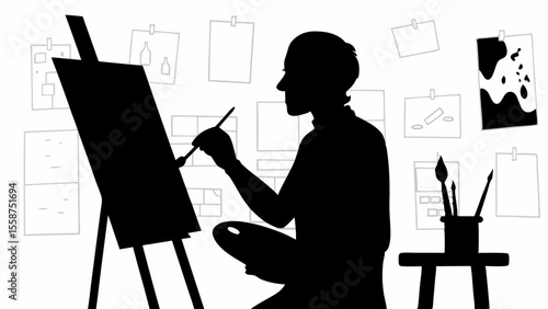 Silhouette of an artist painting on a canvas with sketches and tools in a creative studio space